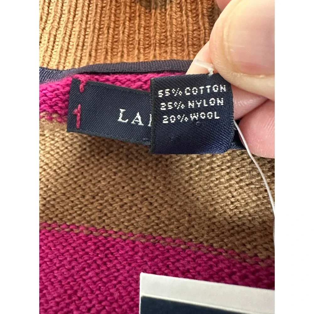 NEW Lands' End Womens 1X Striped V-Neck Cardigan Sweater Brown Pink Wool Cotton